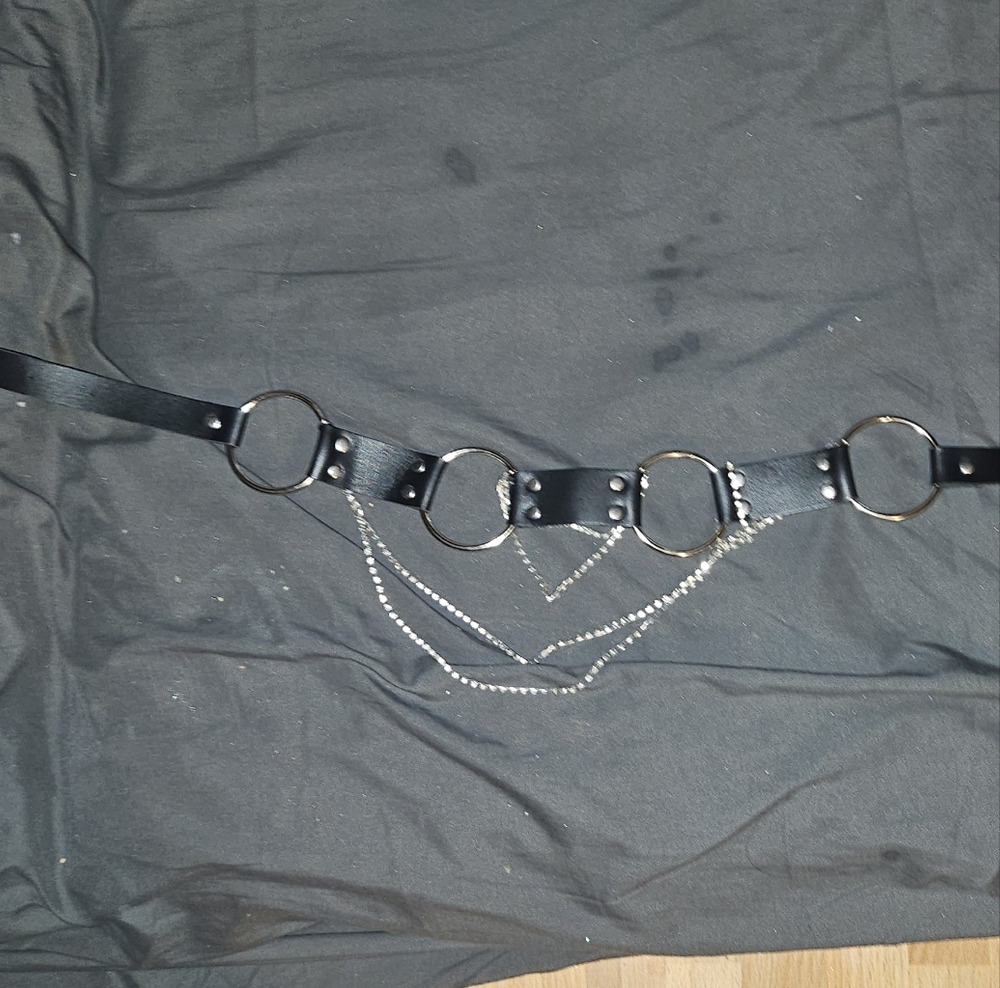 Black Leather Belt with Silver Chains